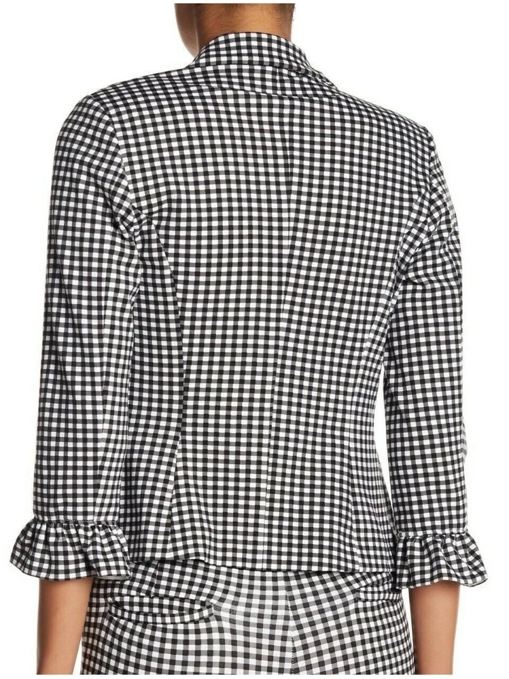 Amanda & Chelsea Gingham Blazer Jacket Black White Ruffle Cuff Stretch NWT 8